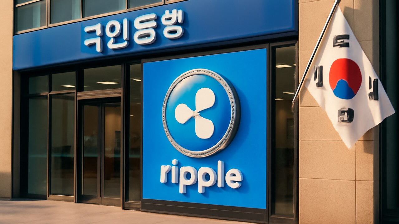 Koreaanse bankvestiging met het Ripple-logo prominent bij de ingang en een Koreaanse vlag