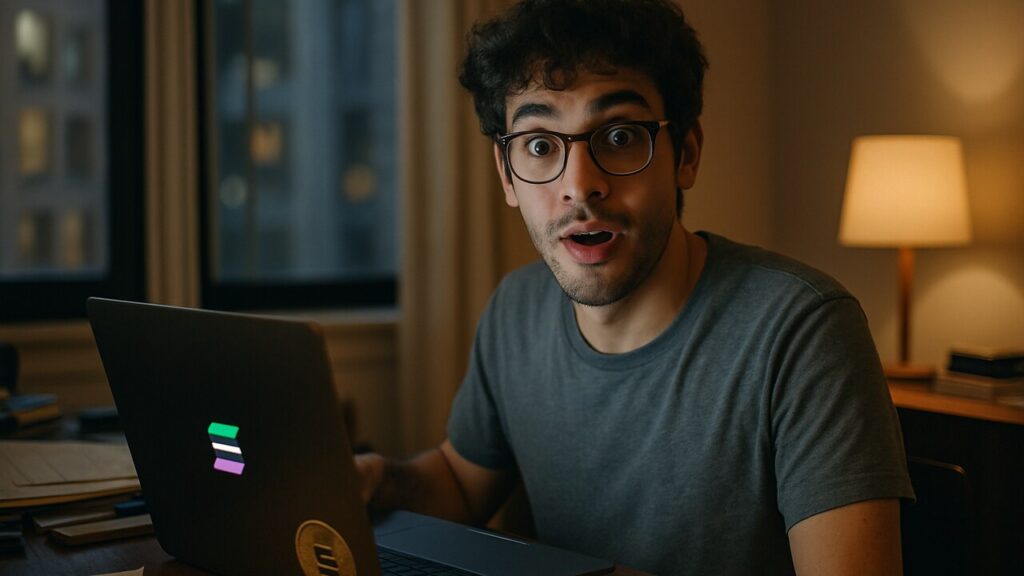 Jonge man kijkt verrast naar de camera achter zijn laptop met een stijgende groene lijn en Solana-sticker