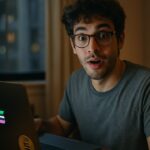 Jonge man kijkt verrast naar de camera achter zijn laptop met een stijgende groene lijn en Solana-sticker