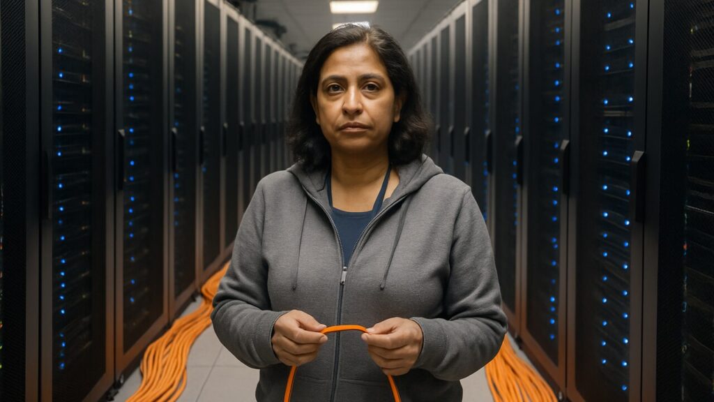 Netwerktechnicus in een datacenter met oranje glasvezelkabels langs serverracks