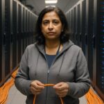Netwerktechnicus in een datacenter met oranje glasvezelkabels langs serverracks