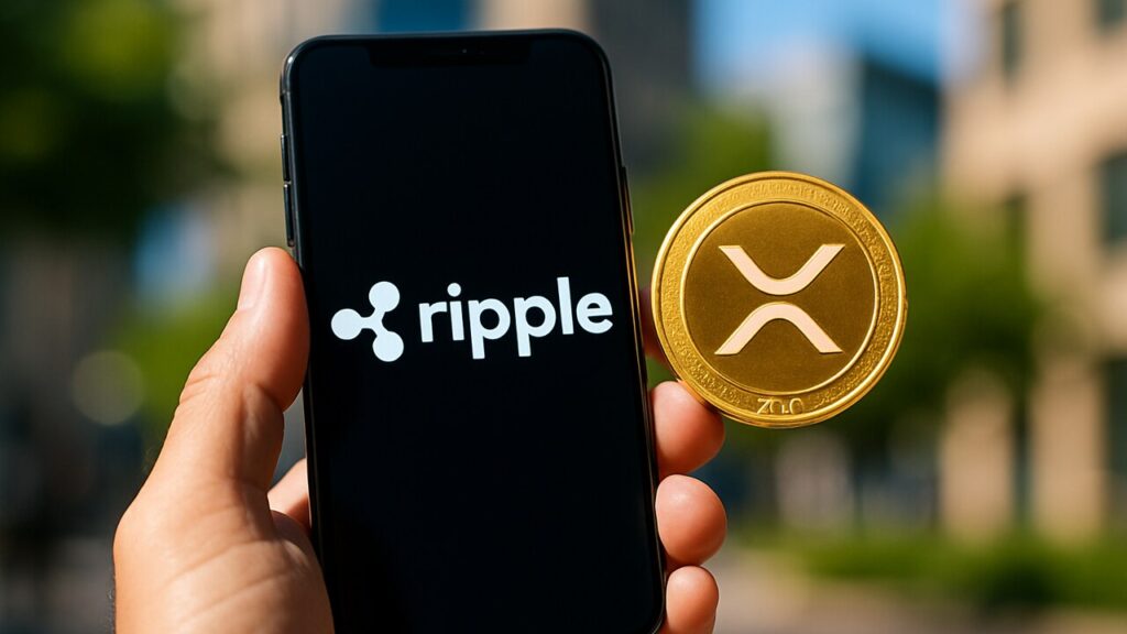 Een smartphone toont het Ripple-logo naast een los XRP-symbool, als beeld voor het verschil tussen bedrijf en munt