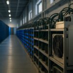 Datacenter met serverracks en Bitcoin-mijnmachines die de koppeling tussen AI en Bitcoin verbeeldt