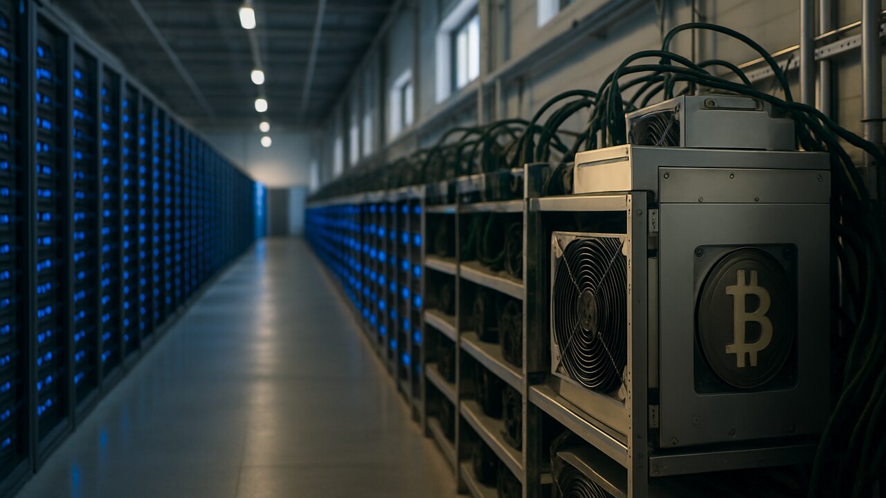 Datacenter met serverracks en Bitcoin-mijnmachines die de koppeling tussen AI en Bitcoin verbeeldt