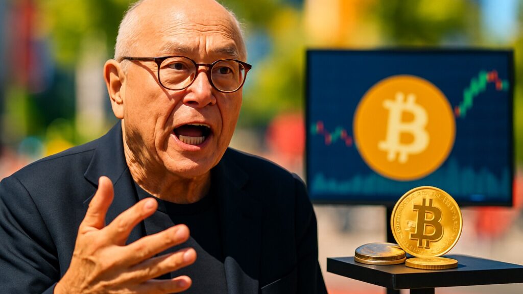 Robert Kiyosaki spreekt gepassioneerd tijdens een interview, met goud, zilver en een Bitcoin-symbool zichtbaar