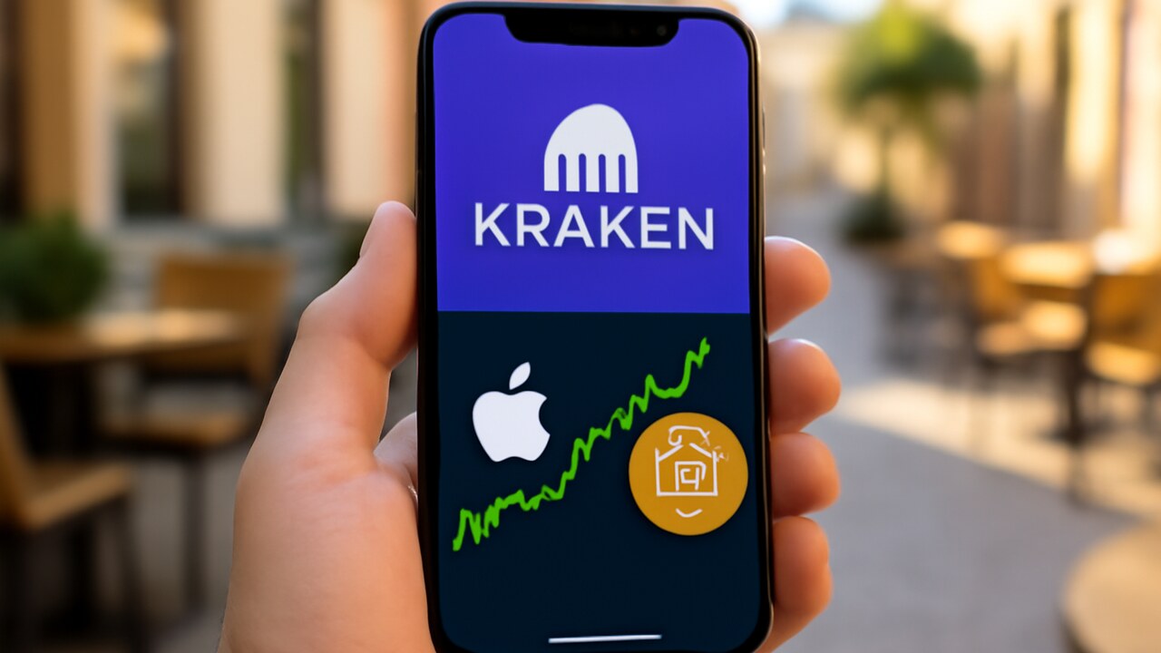Smartphone met de Kraken-app die zowel een Amerikaans aandeel als een getokeniseerde versie toont, met het Kraken-logo zichtbaar