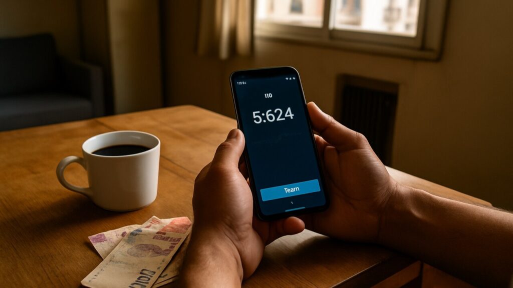 Handen met een smartphone die een digitale dollar-wallet tonen, naast lokale bankbiljetten op een houten tafel