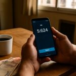Handen met een smartphone die een digitale dollar-wallet tonen, naast lokale bankbiljetten op een houten tafel