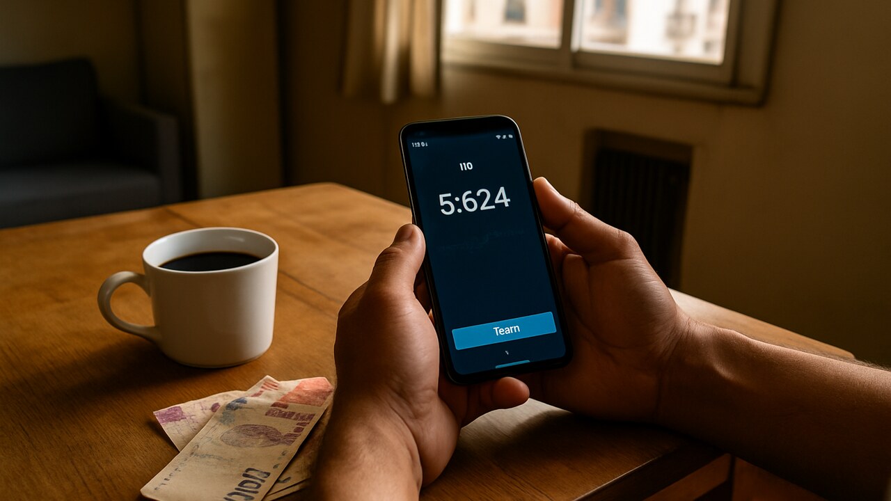 Handen met een smartphone die een digitale dollar-wallet tonen, naast lokale bankbiljetten op een houten tafel