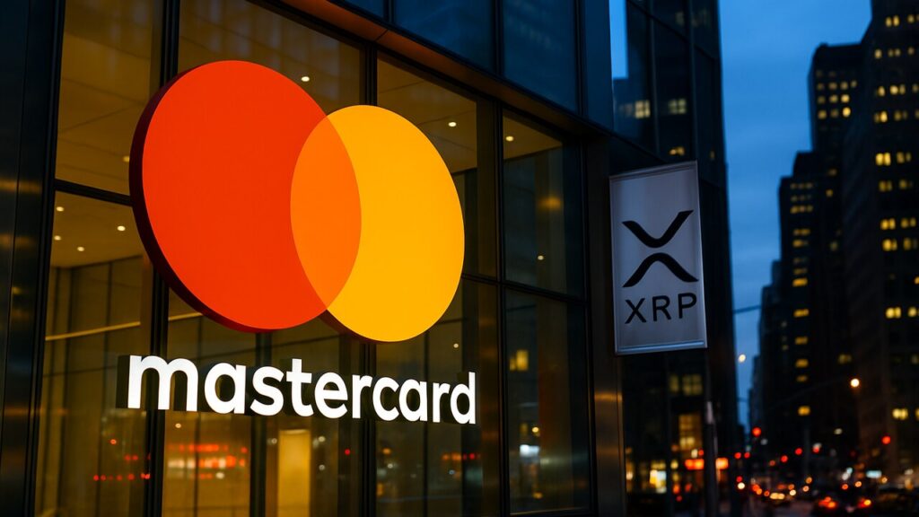 Het Mastercard-logo groot verlicht op een gebouwgevel, met een XRP-symbool ernaast