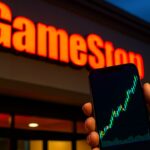 Verlichte GameStop-gevel met op de voorgrond een telefoon die een stijgende groene koersgrafiek toont