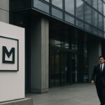 Modern kantoorgebouw in een zakenwijk in Tokio met mensen die naar de ingang lopen