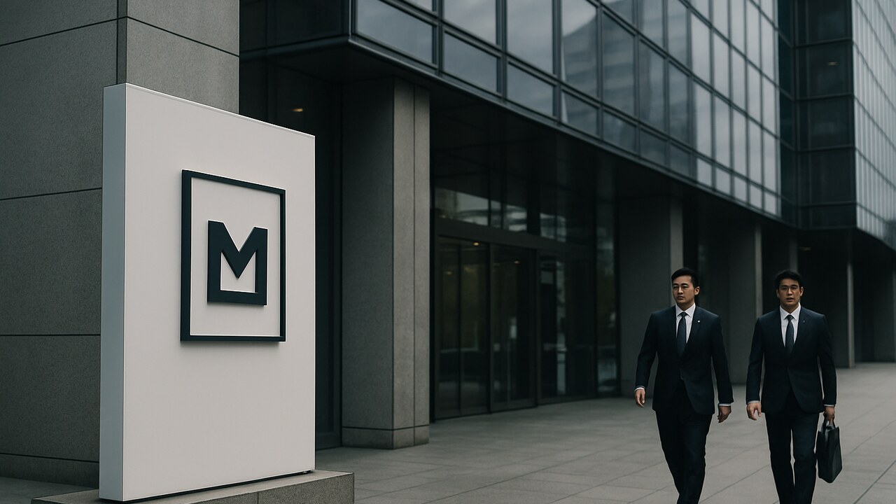 Modern kantoorgebouw in een zakenwijk in Tokio met mensen die naar de ingang lopen