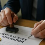 Handen die een crypto-vergunningsdocument stempelen op een bureau, met een vage EU-vlag op de achtergrond