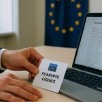 Handen leggen een crypto-vergunningsdocument neer bij een laptop met het Europese MiCA-register, met een EU-vlag op de achtergrond