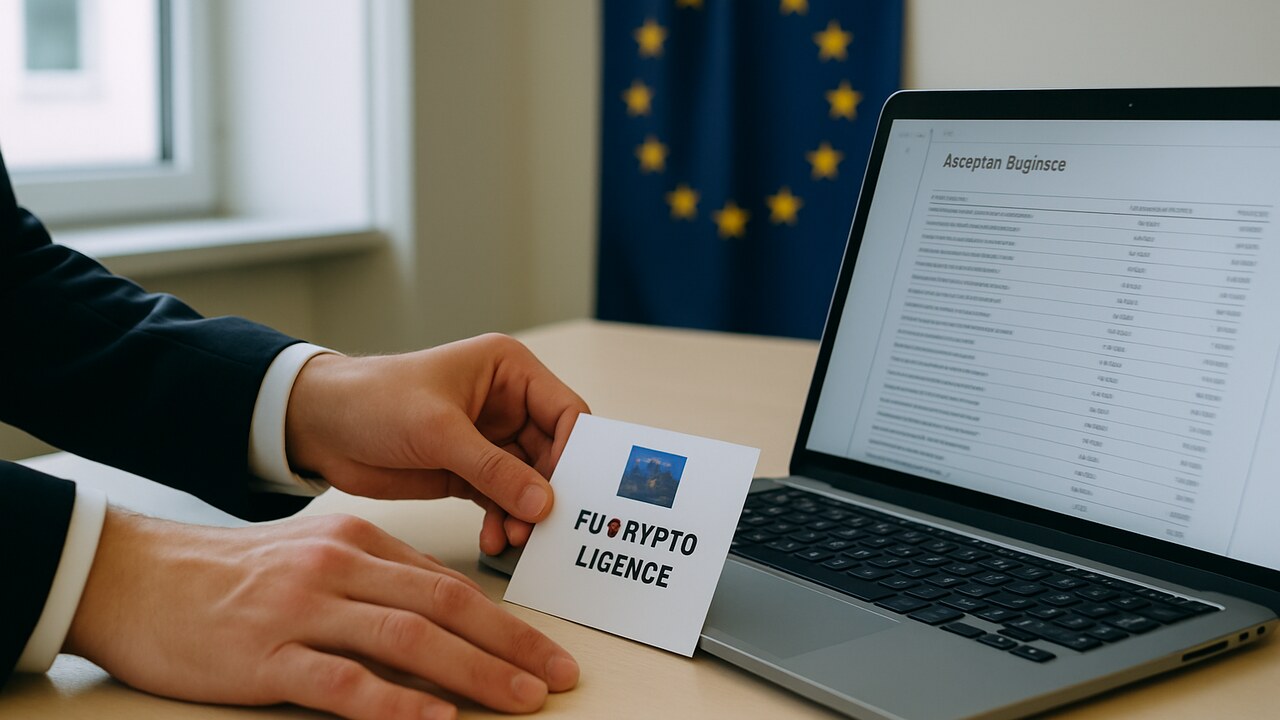 Handen leggen een crypto-vergunningsdocument neer bij een laptop met het Europese MiCA-register, met een EU-vlag op de achtergrond