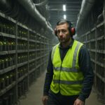 Technicus loopt door een Bitcoin-miningfaciliteit met lange rijen draaiende mijnmachines