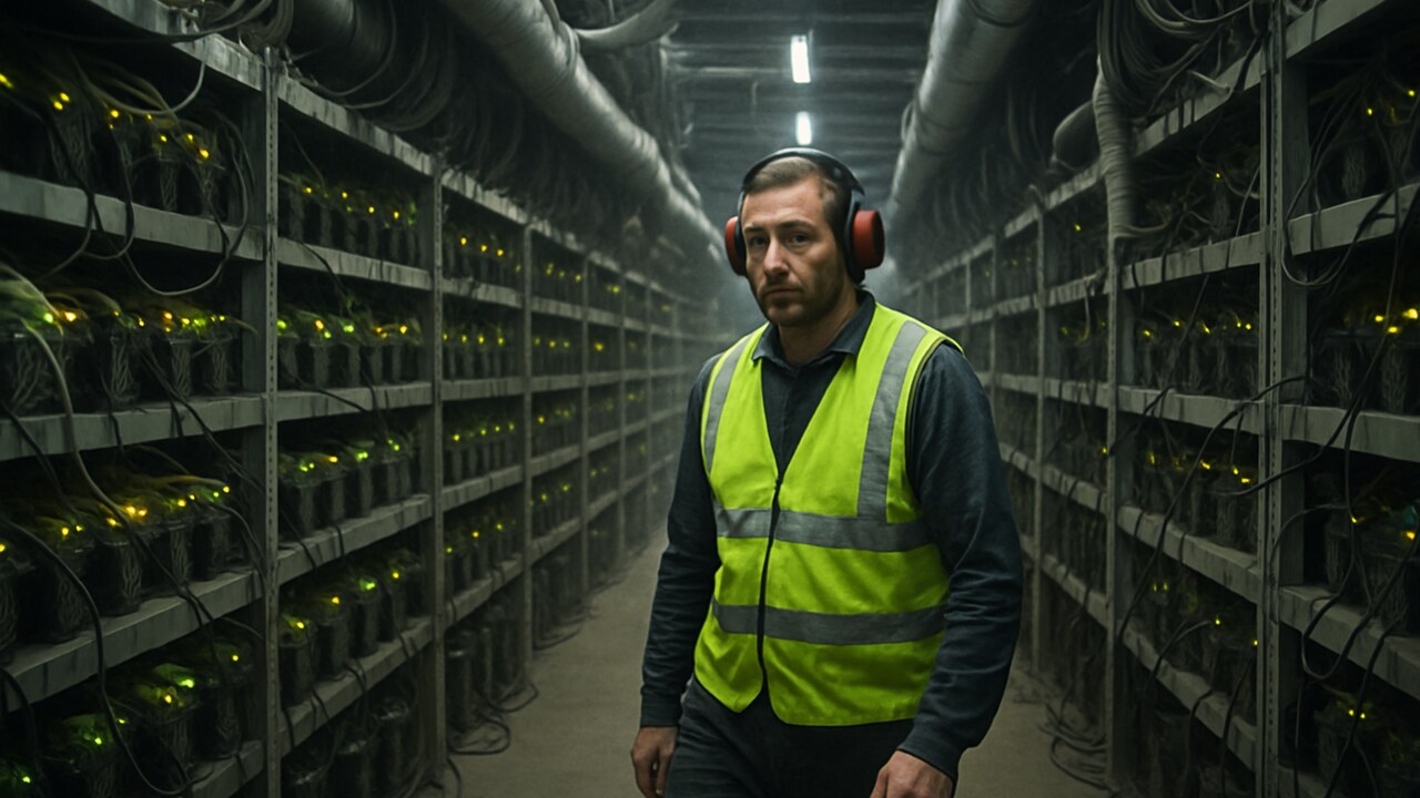 Technicus loopt door een Bitcoin-miningfaciliteit met lange rijen draaiende mijnmachines
