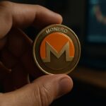 Een hand houdt een fysieke Monero-munt met het oranje M-logo vast boven een bureau