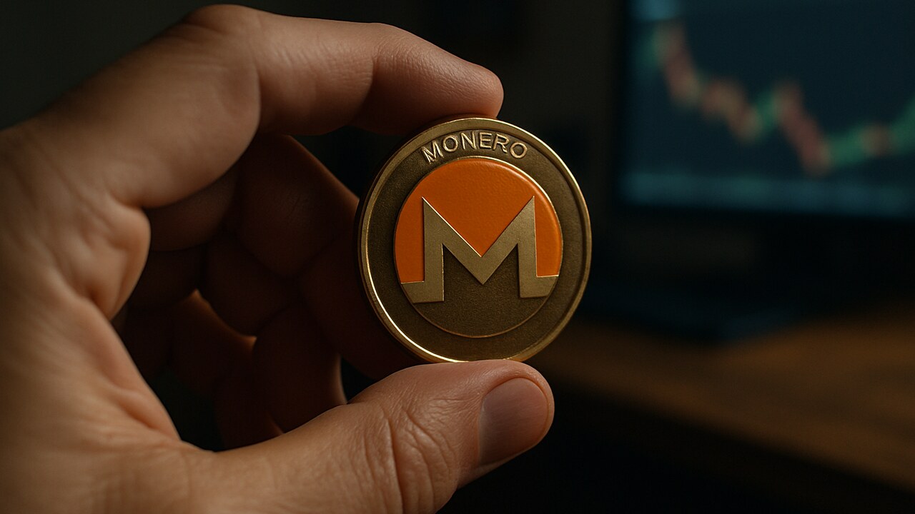 Een hand houdt een fysieke Monero-munt met het oranje M-logo vast boven een bureau