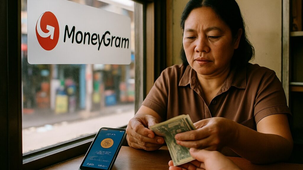 Uitbetaalpunt met MoneyGram-bord waar contant geld wordt uitbetaald naast een telefoon met crypto-wallet