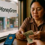 Uitbetaalpunt met MoneyGram-bord waar contant geld wordt uitbetaald naast een telefoon met crypto-wallet