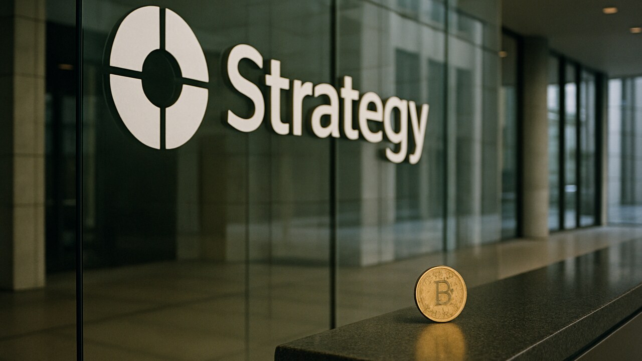 Logo van Strategy op een glazen kantoorwand met een fysieke Bitcoin-munt op een balie