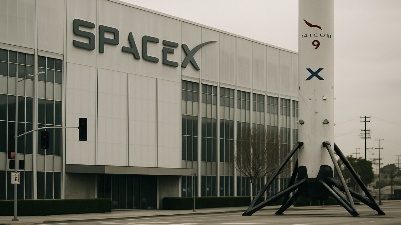 Het hoofdkantoor van SpaceX met het herkenbare logo op de gevel