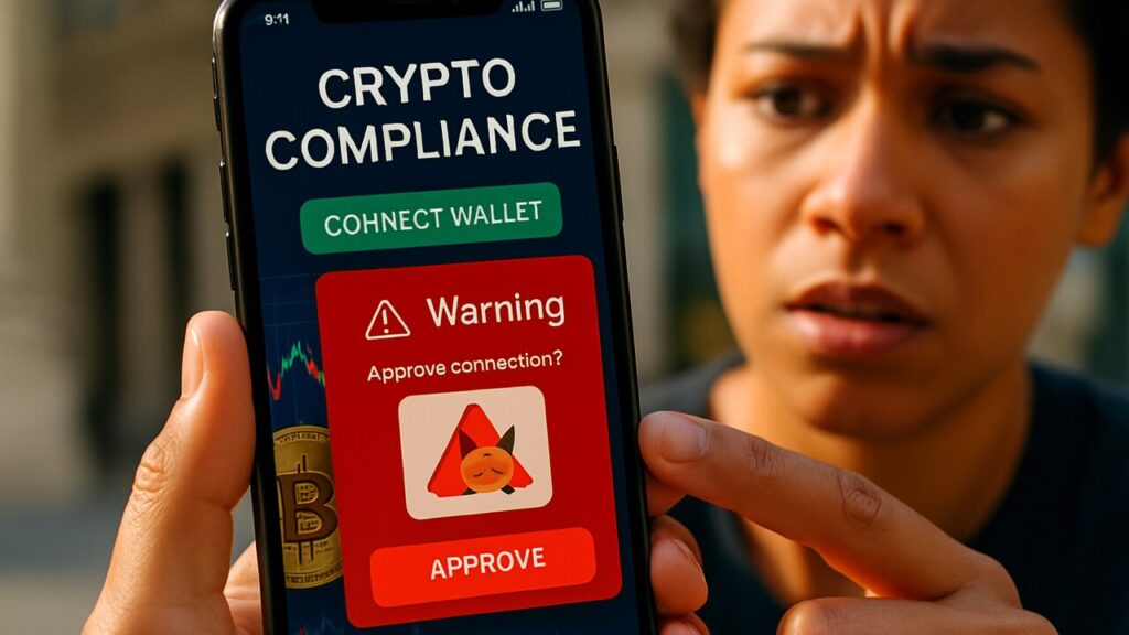 Handen met een telefoon waarop een nep crypto-compliancesite een waarschuwing toont bij het goedkeuren van een transactie