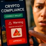 Handen met een telefoon waarop een nep crypto-compliancesite een waarschuwing toont bij het goedkeuren van een transactie