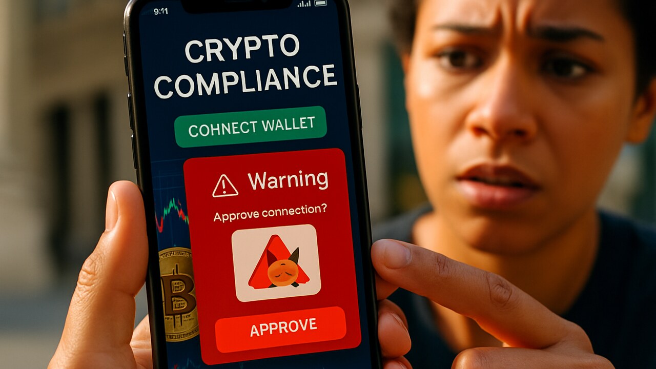 Handen met een telefoon waarop een nep crypto-compliancesite een waarschuwing toont bij het goedkeuren van een transactie