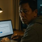Anonieme developer kijkt bezorgd op bij een verdacht sollicitatiebericht op zijn laptop in een appartement in Singapore