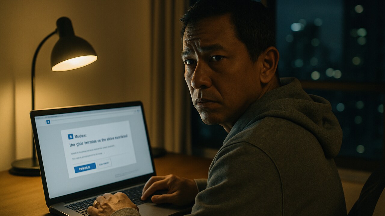 Anonieme developer kijkt bezorgd op bij een verdacht sollicitatiebericht op zijn laptop in een appartement in Singapore