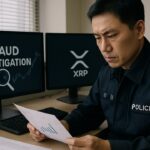 Zuid-Koreaanse rechercheur onderzoekt documenten in een cryptofraudezaak rond nep-XRP-staking