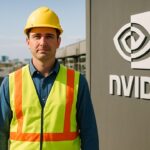 Technicus voor een groot AI-datacenter met Nvidia-logo, symbool voor de omschakeling van Bitcoin-mining naar kunstmatige intelligentie