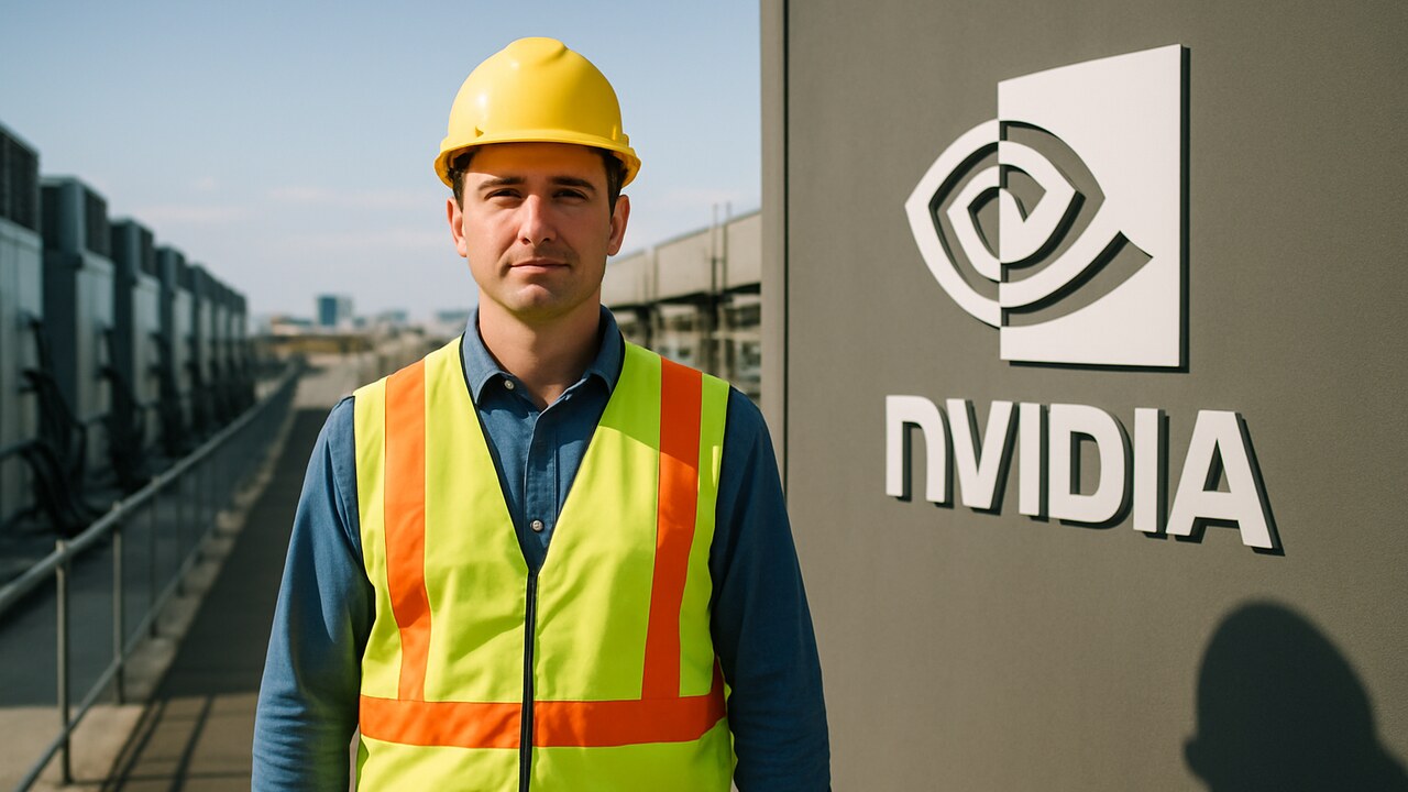 Technicus voor een groot AI-datacenter met Nvidia-logo, symbool voor de omschakeling van Bitcoin-mining naar kunstmatige intelligentie