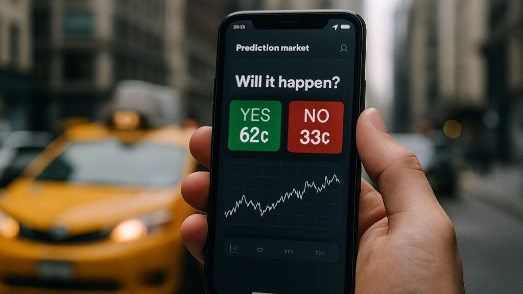 Een hand houdt een smartphone met een voorspelmarkt-app vast op straat in New York