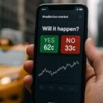 Een hand houdt een smartphone met een voorspelmarkt-app vast op straat in New York