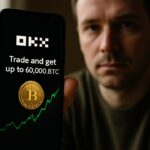 Hand met smartphone waarop de OKX-app met een XRP-actie te zien is, in een lichte woonkamer