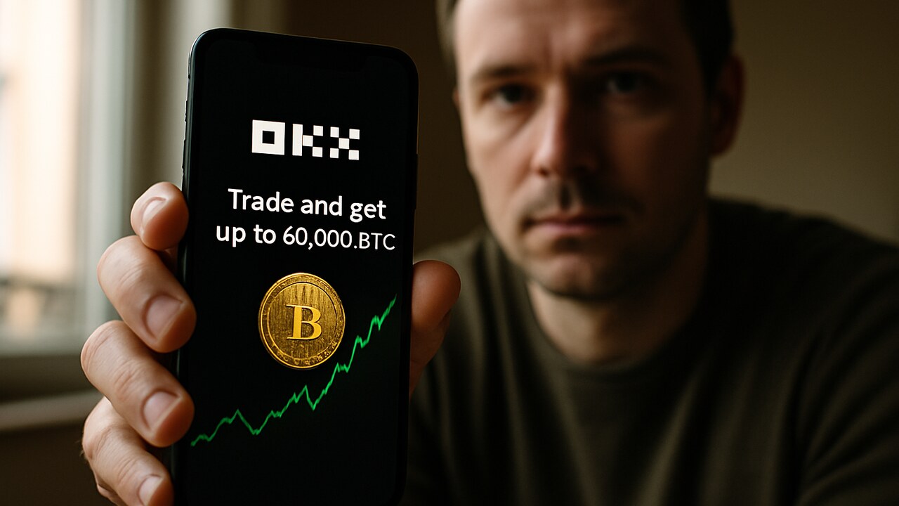 Hand met smartphone waarop de OKX-app met een XRP-actie te zien is, in een lichte woonkamer