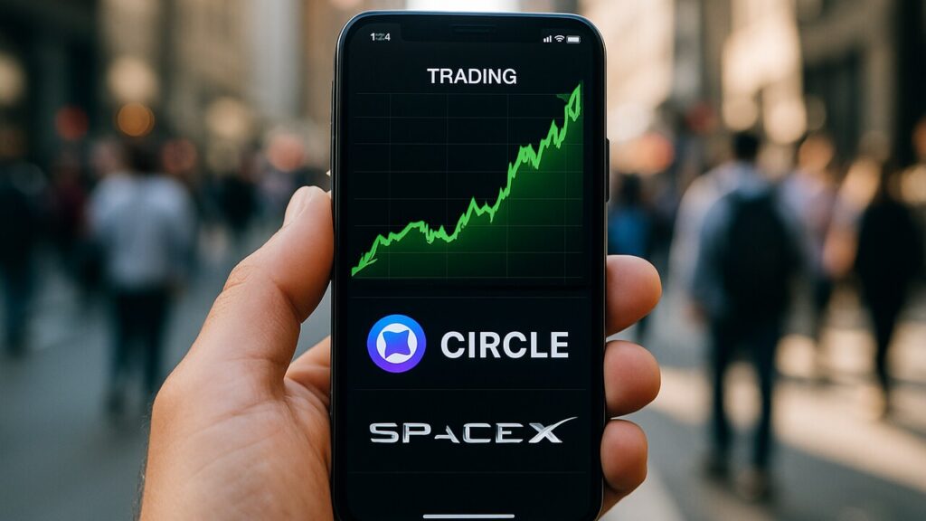 Smartphone met handelsapp toont getokeniseerde aandelen van Circle en SpaceX met stijgende groene grafiek