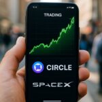 Smartphone met handelsapp toont getokeniseerde aandelen van Circle en SpaceX met stijgende groene grafiek