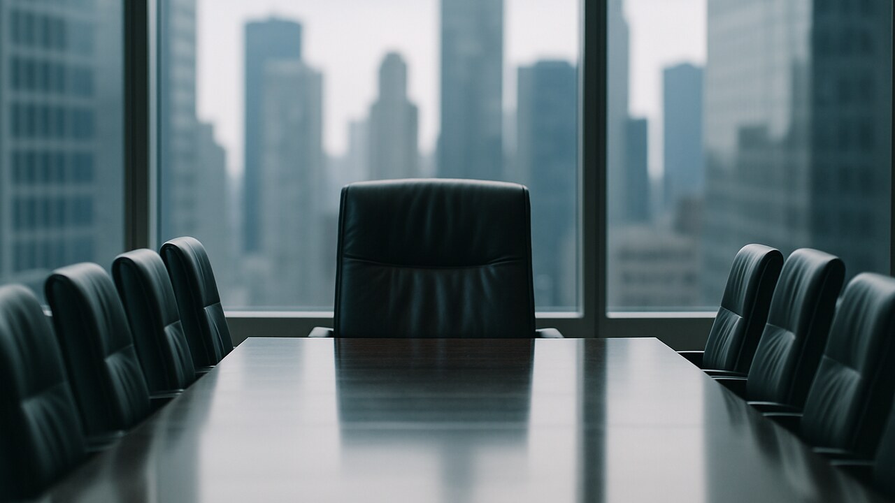Lege directiekamer met een verlaten stoel aan het hoofd van de vergadertafel, symbool voor de leiderschapsstrijd bij Ondo