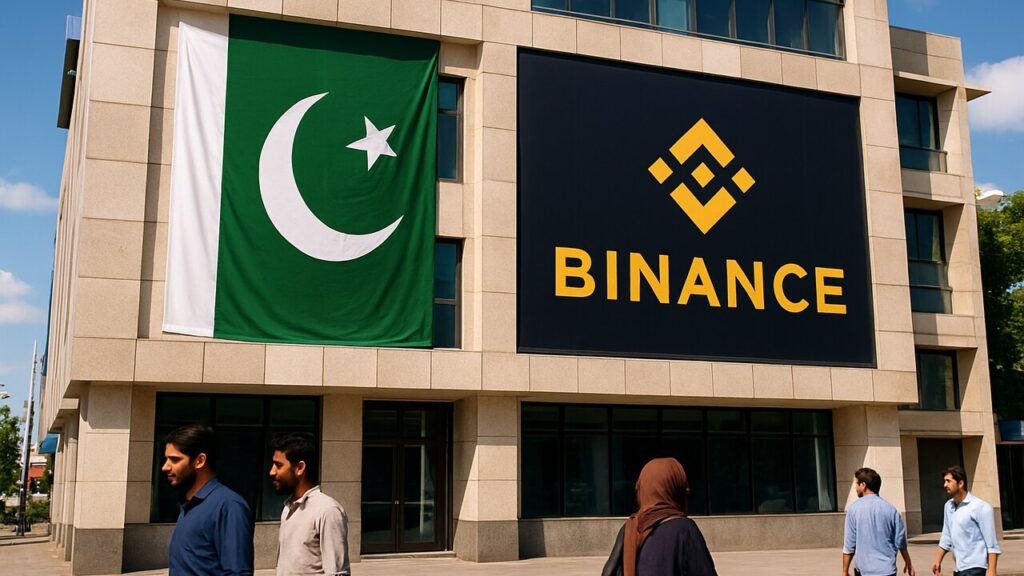 Gebouw in Pakistan met de Pakistaanse vlag en een Binance-logo, symbool voor de nieuwe crypto-vergunningsregels.