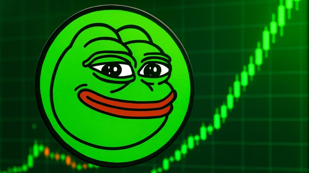 Groen Pepe-logo op een handelsscherm met een steil stijgende groene koersgrafiek