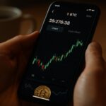 Handen houden een smartphone vast met een crypto-handelsapp die een aandelenkoers toont, op een keukentafel bij daglicht