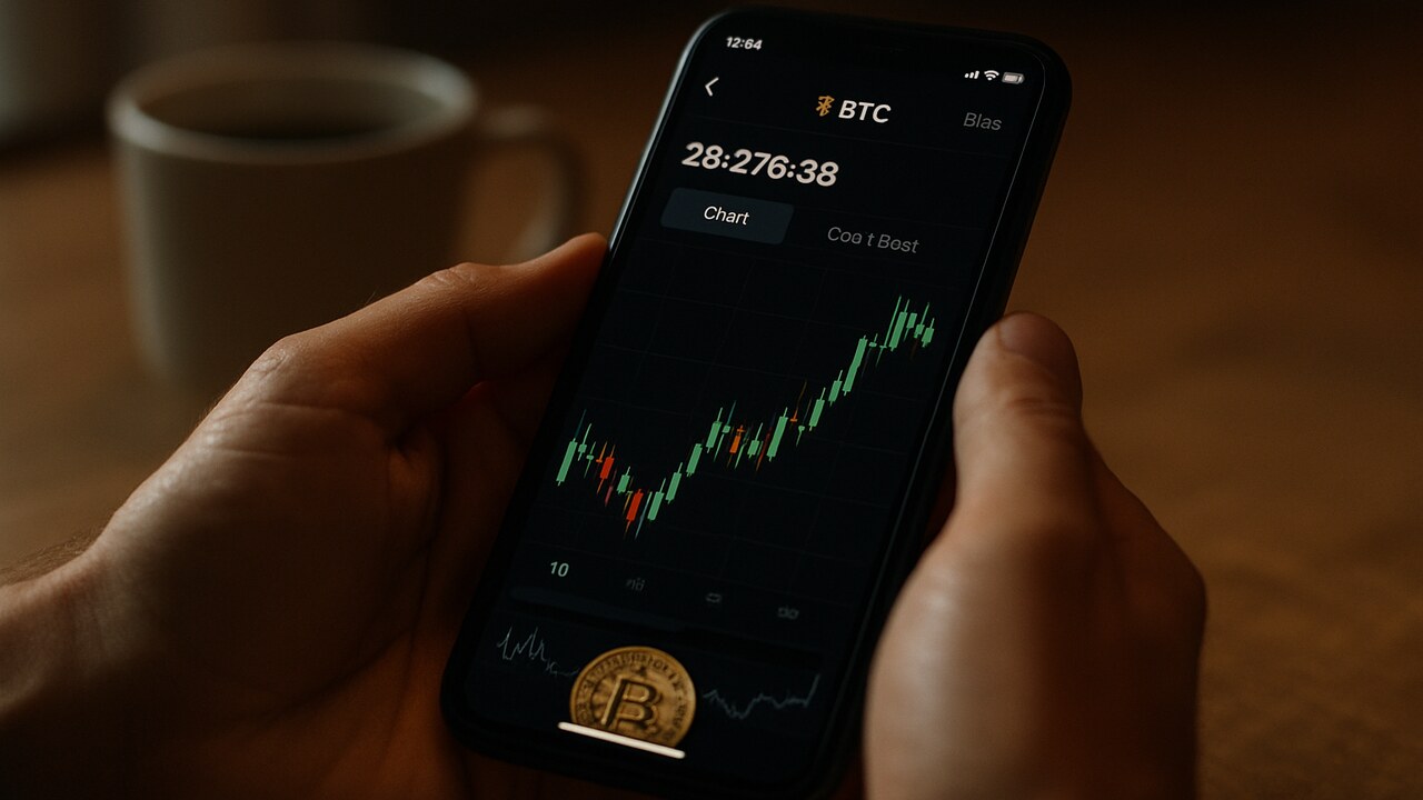 Handen houden een smartphone vast met een crypto-handelsapp die een aandelenkoers toont, op een keukentafel bij daglicht