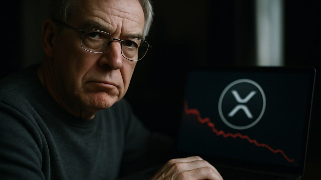 Een oudere man kijkt sceptisch naar de camera achter een laptop met het XRP-logo en een dalende rode grafieklijn.