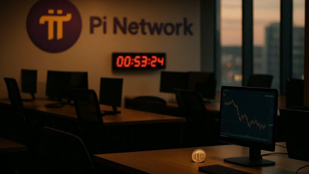 Kantoor van het Pi Network bij schemering met een muurbord en een klok, wachtend op een aankomende deadline
