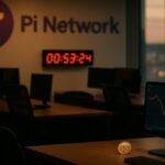 Kantoor van het Pi Network bij schemering met een muurbord en een klok, wachtend op een aankomende deadline